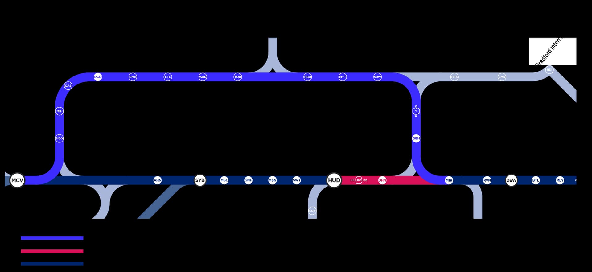 Map of the Transpennine Route showing upgrades at Bradley Junction and Dewsbury with train and road symbols.