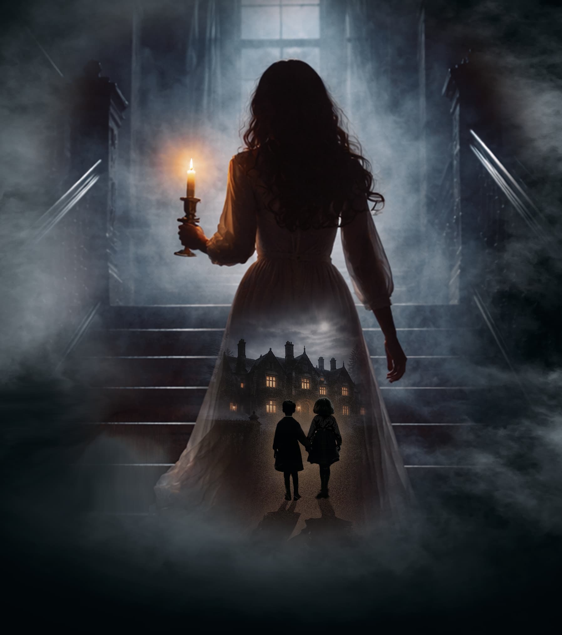Silhouette of woman with candle ascending misty staircase
