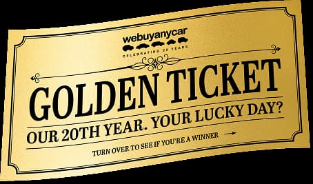 Golden ticket with text celebrating 20th anniversary