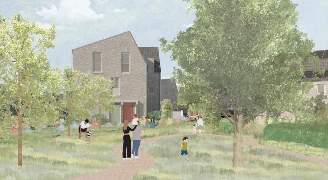 Modern brick homes in green community park with families