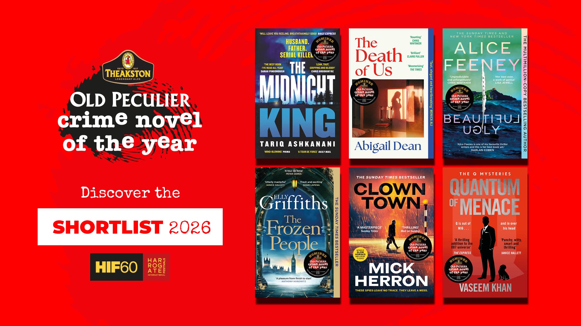 Display of shortlisted crime novels with vibrant covers