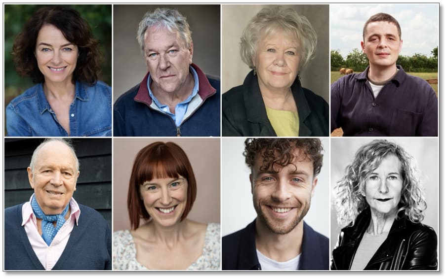 Eight cast members for ‘The Archers: Live at 75’ are featured, showcasing diverse expressions and backgrounds.