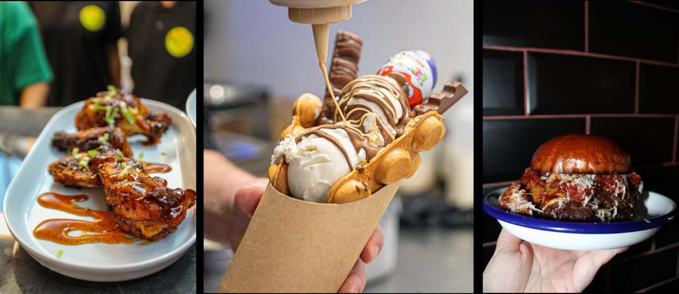 Gourmet dishes including glazed wings, waffle cone sundae, and beef burger