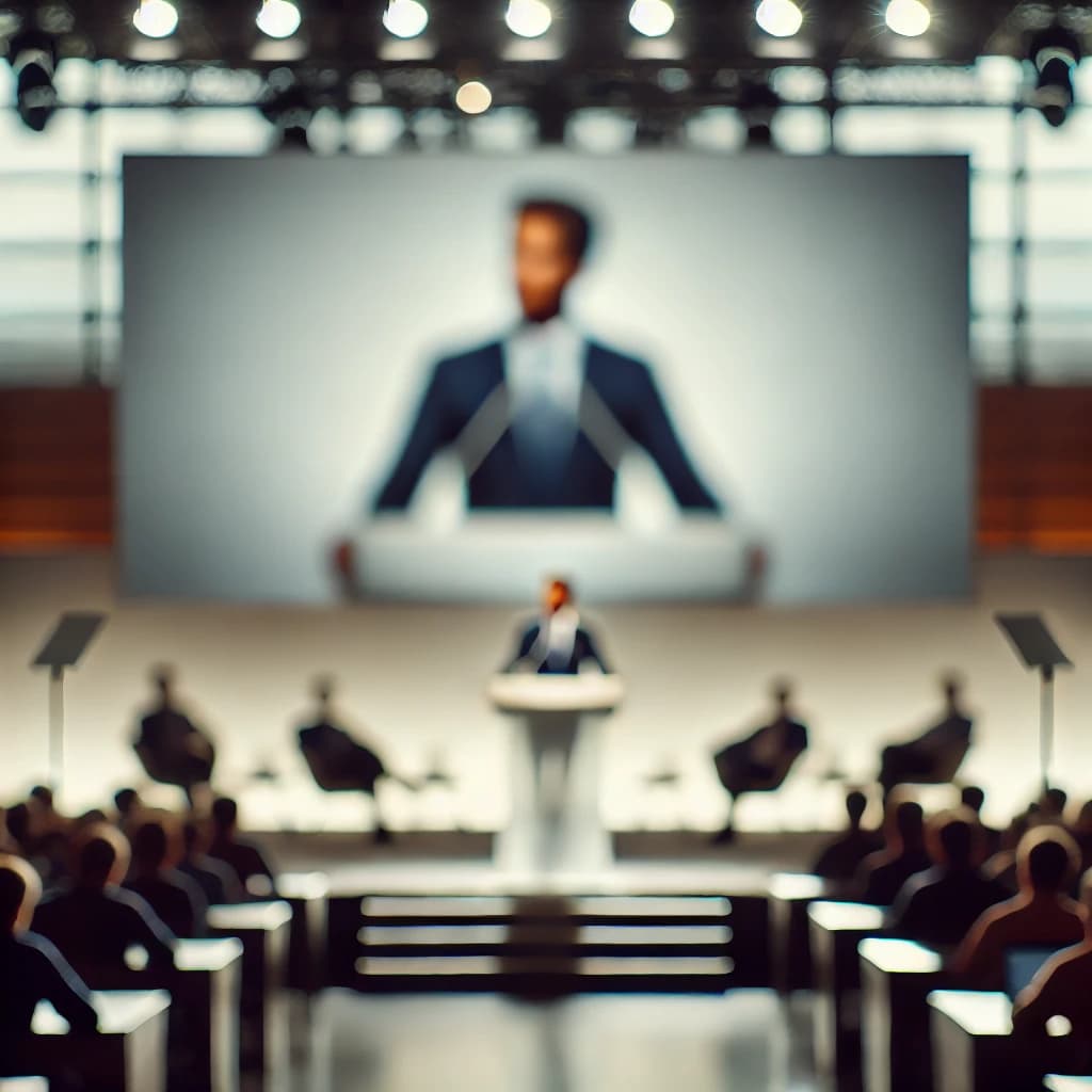 Blurred speaker at podium in modern conference hall