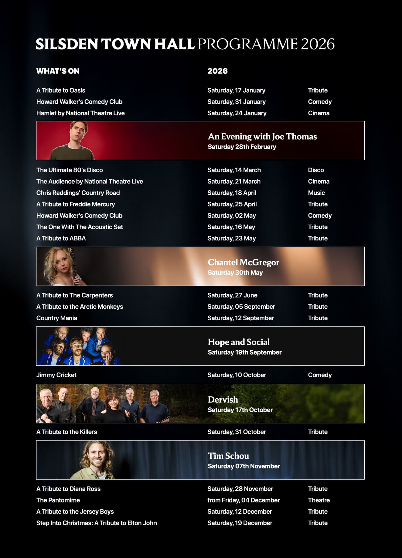 Silsden Town Hall's 2026 event program features diverse performances, including tributes and comedy, set against a classic backdrop.