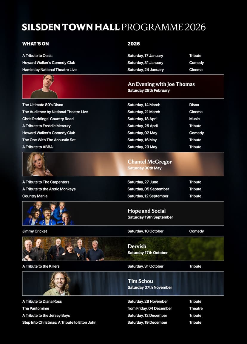 Silsden Town Hall's 2026 event program features diverse performances, including tributes and comedy, set against a classic backdrop.