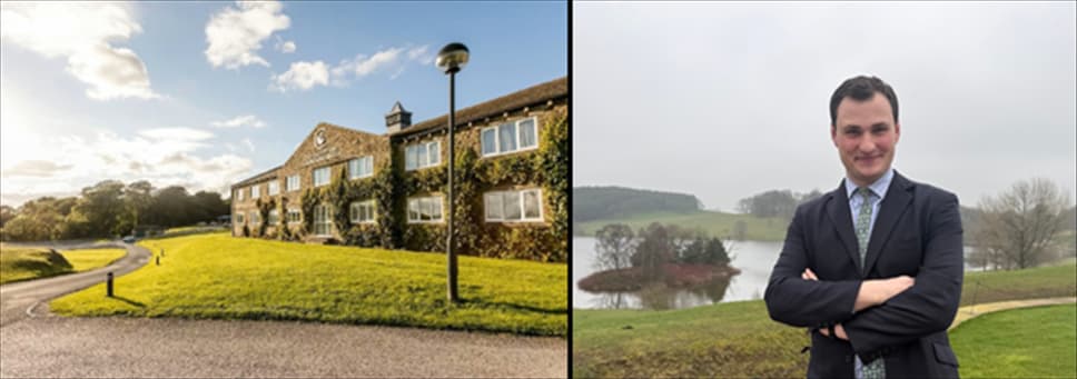 The Coniston Hotel & Spa surrounded by lush greenery, with a man in a suit standing by a serene lake in Yorkshire.