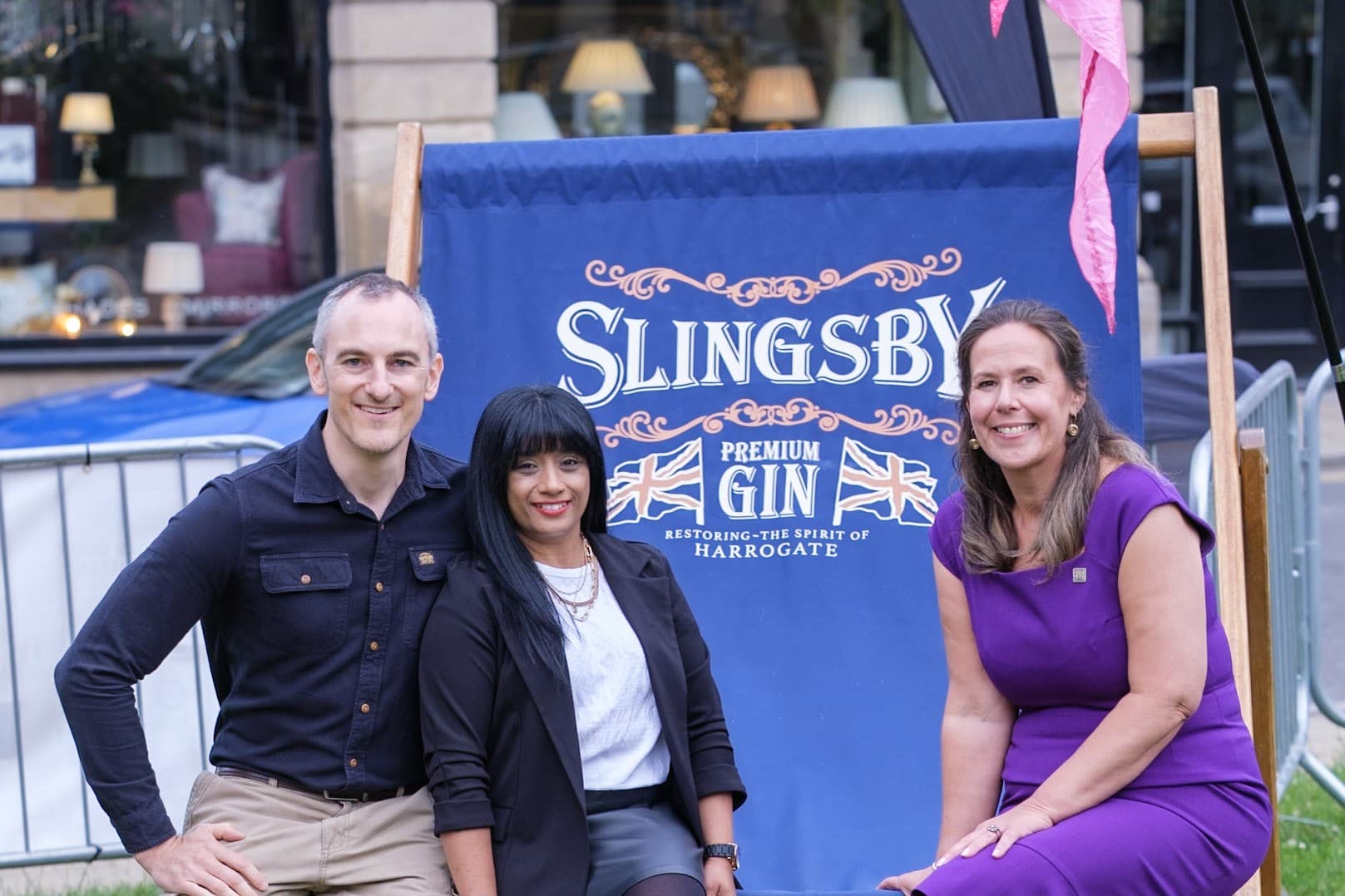 L-R Chris Williams and Asma Williams, owners of Slingsby Gin, with Sharon Canavar, Chief Executive of Harrogate International Festivals. (photo by Richard Maude).