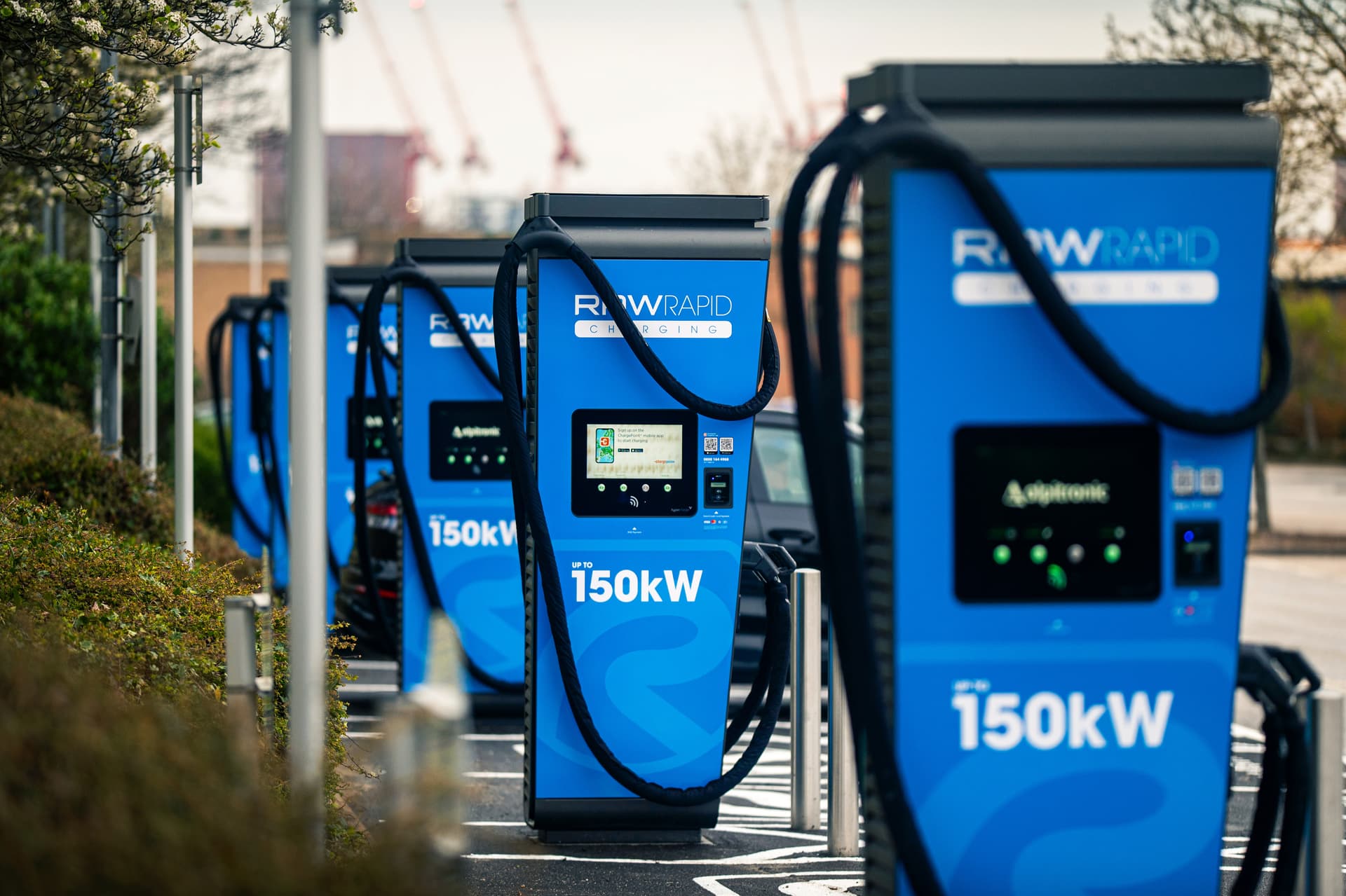 Bright blue EV charging stations lined up at Cardigan Fields, showcasing modern technology in a landscaped parking area.