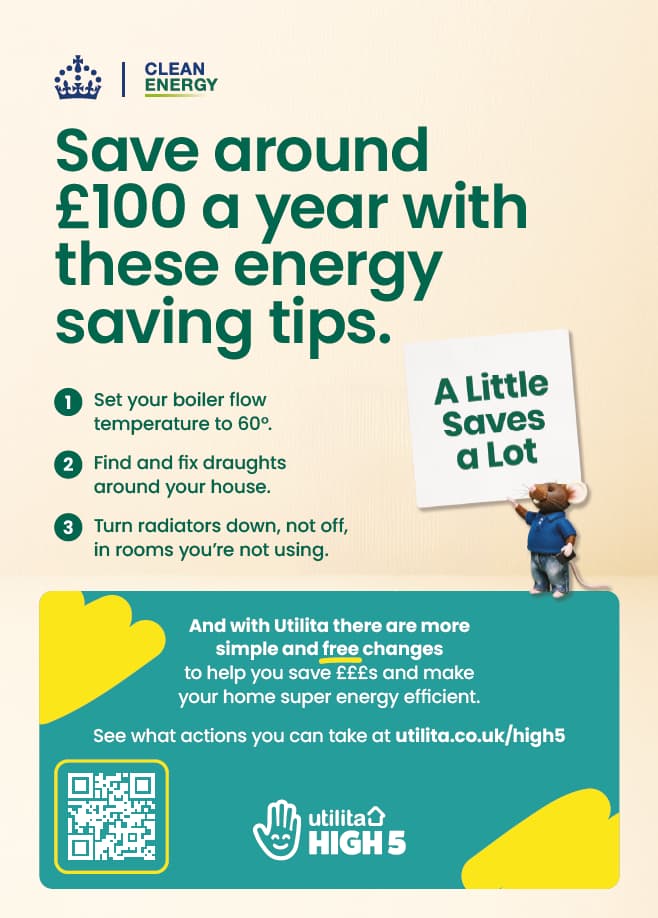 Bright graphic featuring energy-saving tips with a cartoon character and a call to action, set against a clean, modern background.