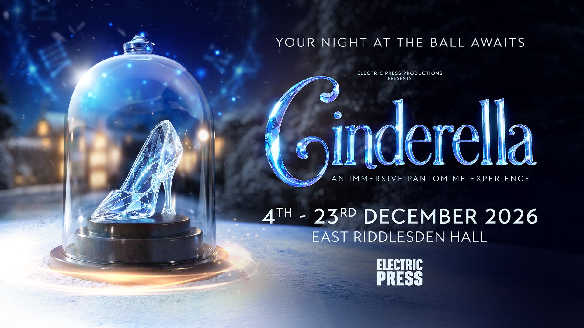Glass slipper in a glass dome with snowy background
