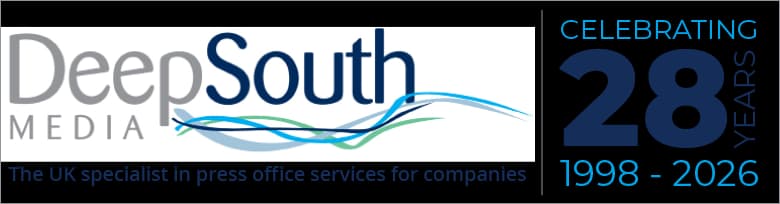 Logo of Deep South Media celebrating 28 years, featuring blue and green waves, with a professional and modern design.