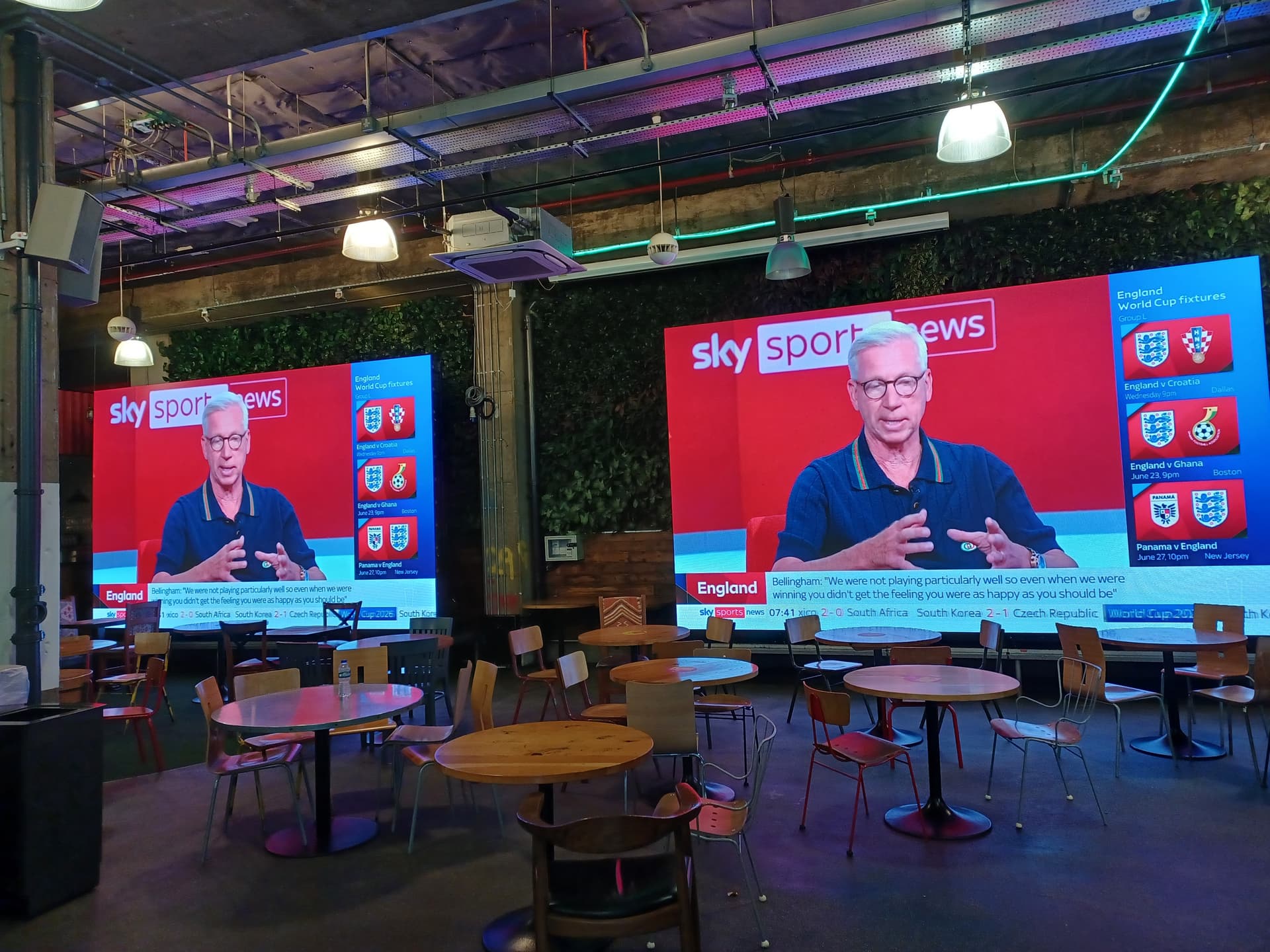 Large screen in a cafe showing a sports news broadcast