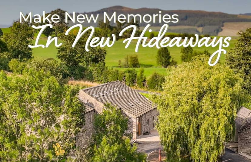 Stone cottage nestled among lush greenery, rolling hills in the background, inviting atmosphere for relaxation and exploration.