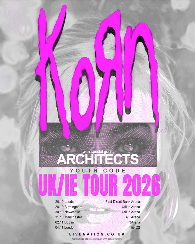 Tour poster featuring pink text for KORN's 2026 UK/IE tour dates, with a dramatic background and concert details.