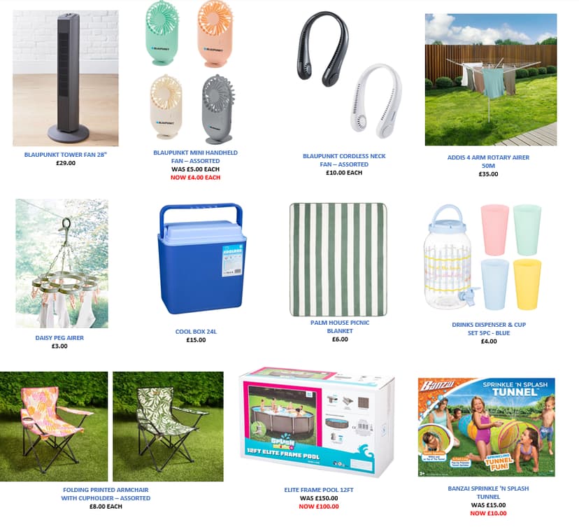 Collage of outdoor and summer products including fans, cool box, picnic blanket, pool, and more