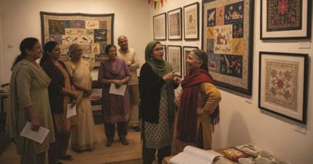 Group of women enjoying an art exhibition in a gallery