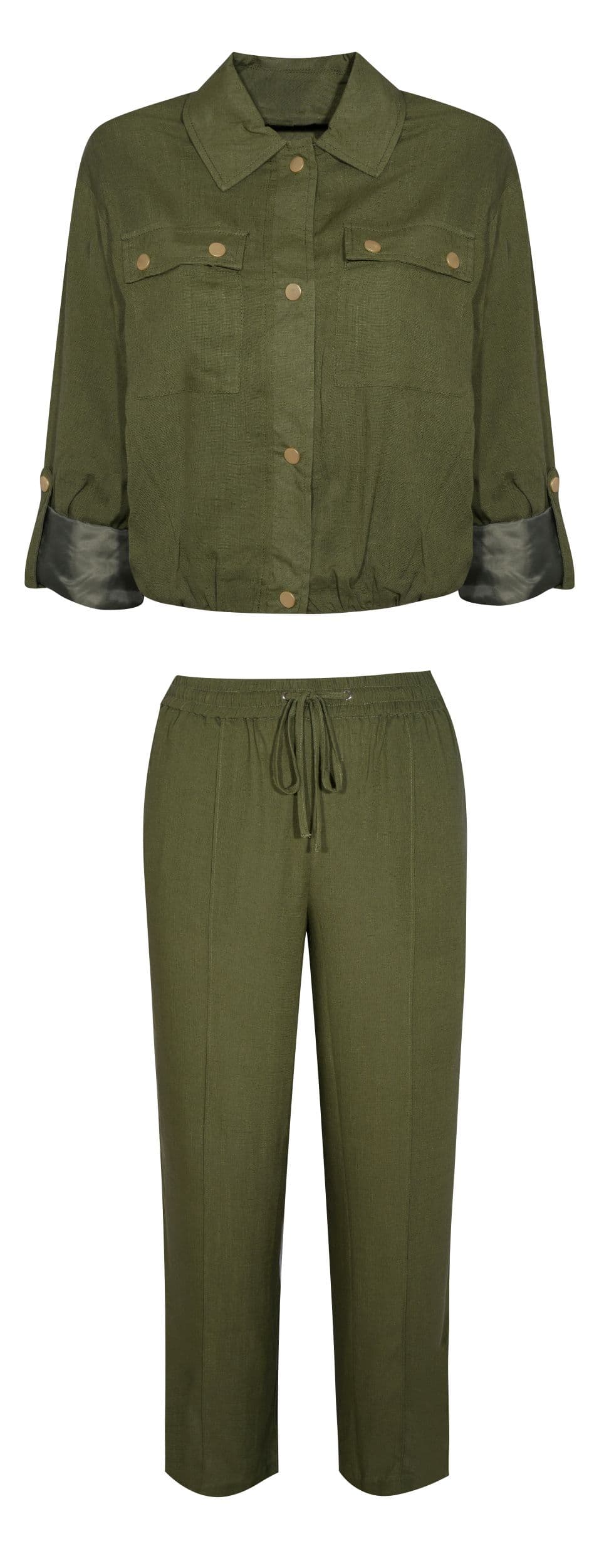 Olive green linen jacket and trousers with button details