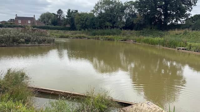 Calm pond surrounded by lush greenery and trees, with a distant house visible on the shore under a cloudy sky.