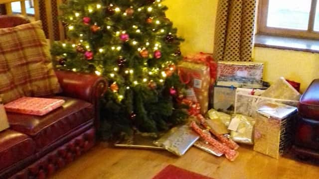 Christmas tree adorned with lights and ornaments, surrounded by wrapped gifts in a cozy interior.