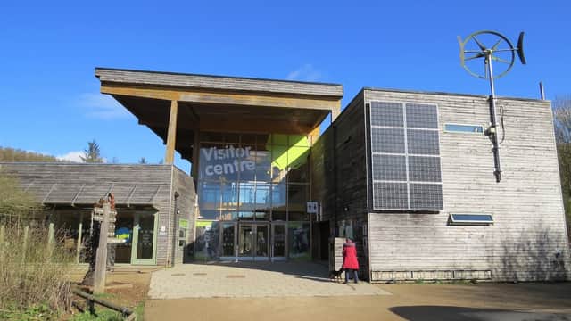 Modern visitor center with wooden exterior, solar panels, and a wind turbine, set against a clear blue sky.