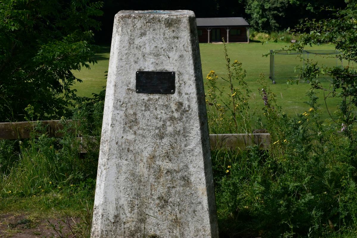 Concrete trig point with a plaque, surrounded by grass and wildflowers, overlooking a field and a wooden building.