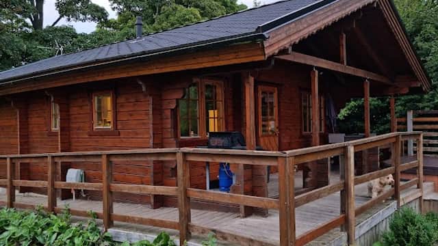 Wooden cabin with a porch, surrounded by greenery and trees, set in a tranquil campsite environment.