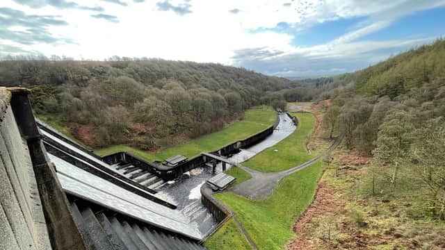 View of Thruscross Reservoir with a winding stream, surrounded by wooded hills under a cloudy sky.