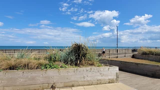 Hornsea Hub with wooden planters, coastal views, and a clear blue sky, featuring a person walking along the promenade.