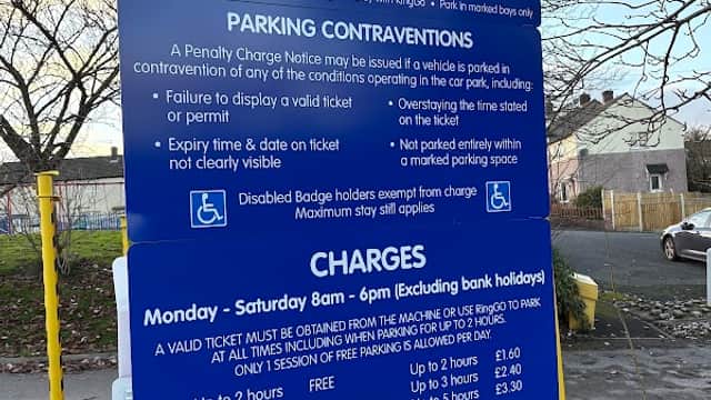 Sign for New Way Car Park in Batley, detailing parking rules, charges, and payment options via RingGo.