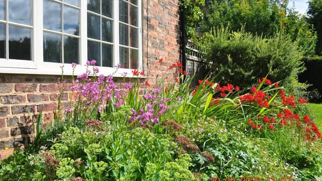 Colorful flower beds with pink and red blooms beside a brick wall and a large window at Warren House Farm Cottages.