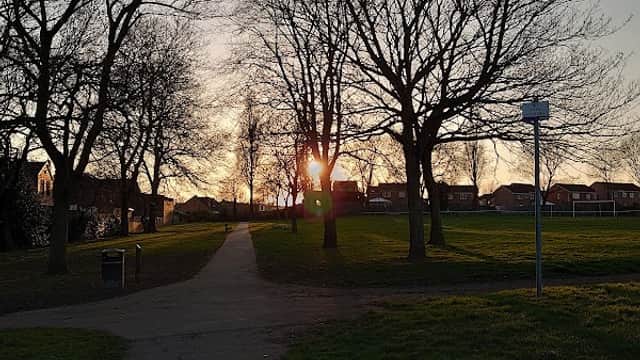 Sunset peeking through bare trees along a pathway in Illingworth Park, with grassy areas and houses in the background.