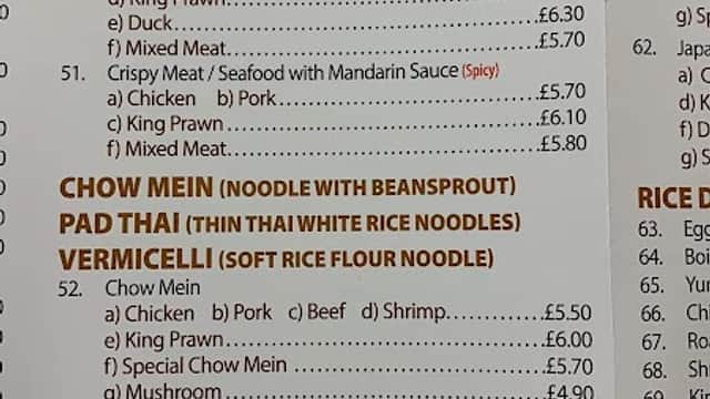 Menu listing for "New Pioneer Takeaway" featuring various dishes and prices, including chicken, pork, and noodle options.