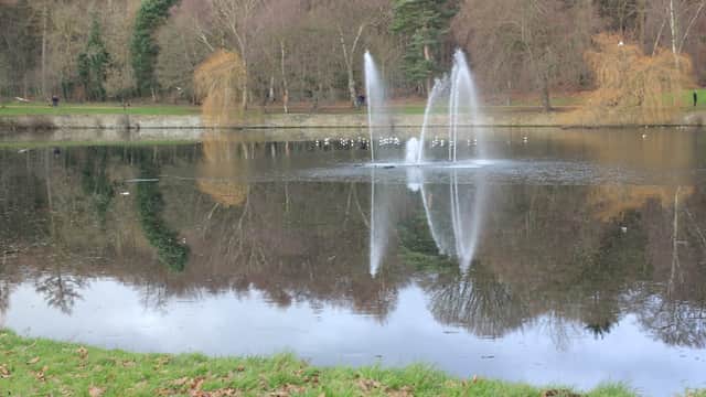 A serene lake with a fountain, surrounded by trees and reflections on the water's surface in Roundhay Park.