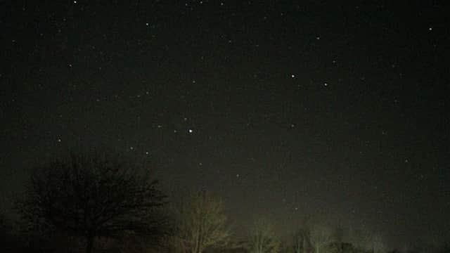 Starry night sky over a dark road with light trails from passing vehicles and silhouetted trees.