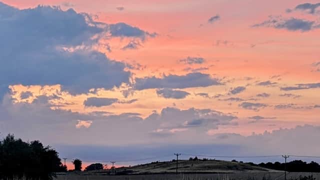 Vibrant sunset over rolling hills, silhouetted trees, and power lines, with golden fields in the foreground.