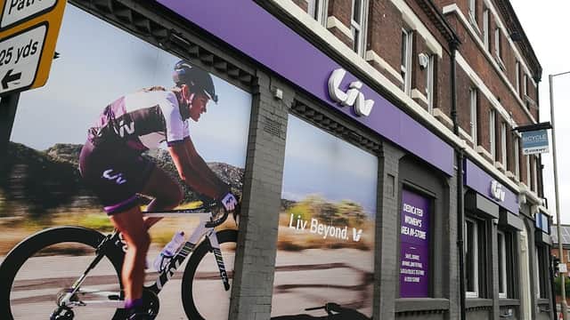 Giant Store Sheffield exterior featuring a large cycling mural and signage for Liv Beyond.