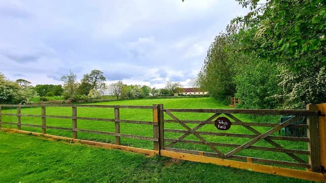 Green field enclosed by a wooden fence, with trees and a building in the background under a cloudy sky.