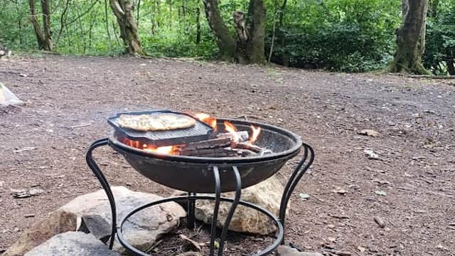 A fire pit surrounded by stones, with flames and cooking equipment, set in a wooded area with lush green trees.