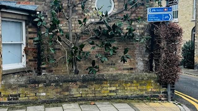 Pay & Display sign at Cambridge Road Car Park, with a stone wall and greenery, near a residential street.