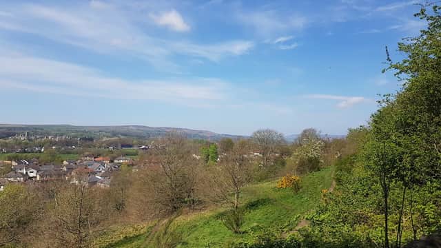Lush green hills and trees overlooking a town, with a clear blue sky and distant hills in the background.