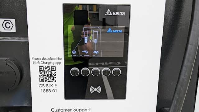 Pay & Display machine at MIMA Car Park, featuring a touchscreen and charging port, located in Middlesbrough.