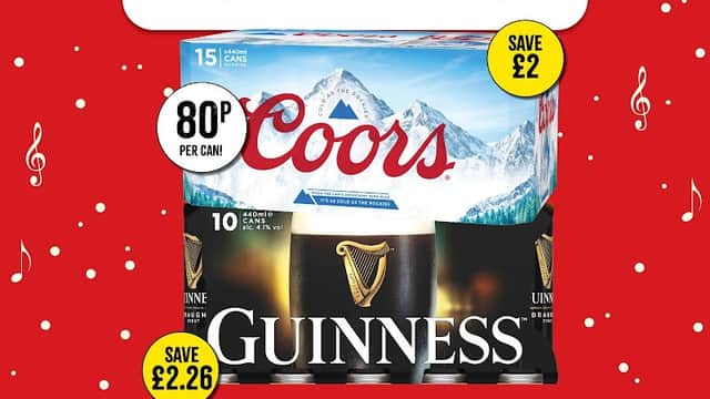 Promotional poster for Bargain Booze featuring Coors and Guinness cans with prices and savings highlighted.