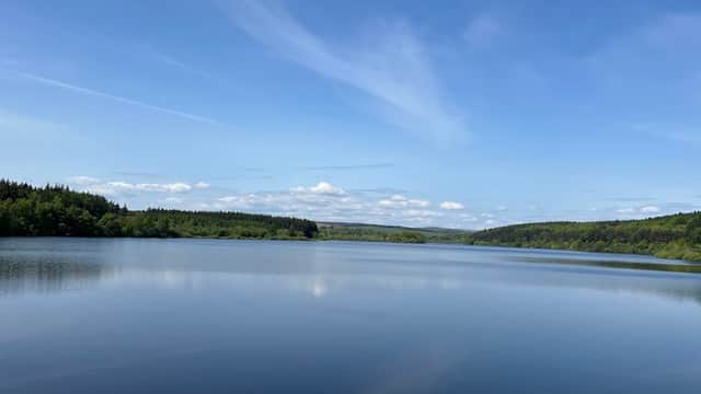 Calm reservoir reflecting blue sky and clouds, surrounded by lush green trees in Fewston, Yorkshire.