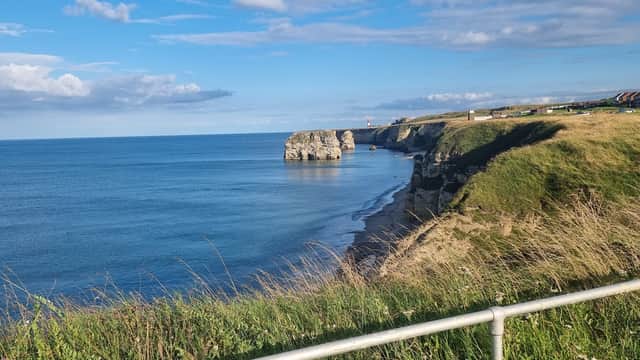 Coastal view of Zetland Park in Redcar, featuring cliffs, calm sea, and blue skies with scattered clouds.