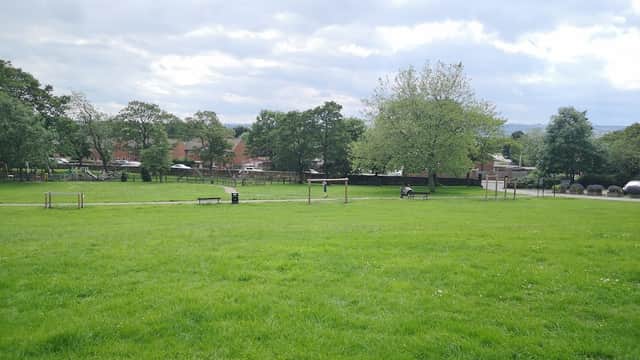 Lush green park with trees, benches, and a playground, set against a cloudy sky in Ossett, Yorkshire.