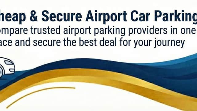 Cheap & secure airport car parking advertisement with a car, airplane, and wavy blue design elements.