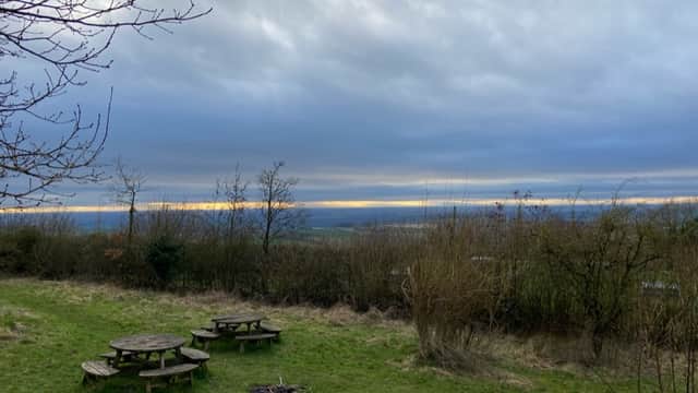Picnic site with wooden tables on grassy area, surrounded by trees and a cloudy sky over a distant landscape.