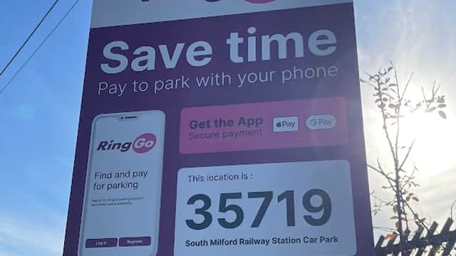 Sign for RingGo parking at South Milford Railway Station Car Park, featuring payment instructions and location code.