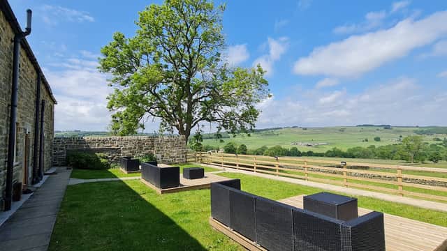Stone cottages with outdoor seating area, lush green landscape, and a large tree under a blue sky in Thornthwaite.